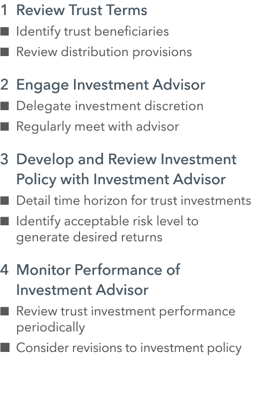 1 Review Trust Terms n Identify trust beneficiaries n Review distribution provisions 2 Engage Investment Advisor n De...