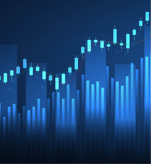 Financial business statistics with bar graph and candlestick chart show stock market price on dark background