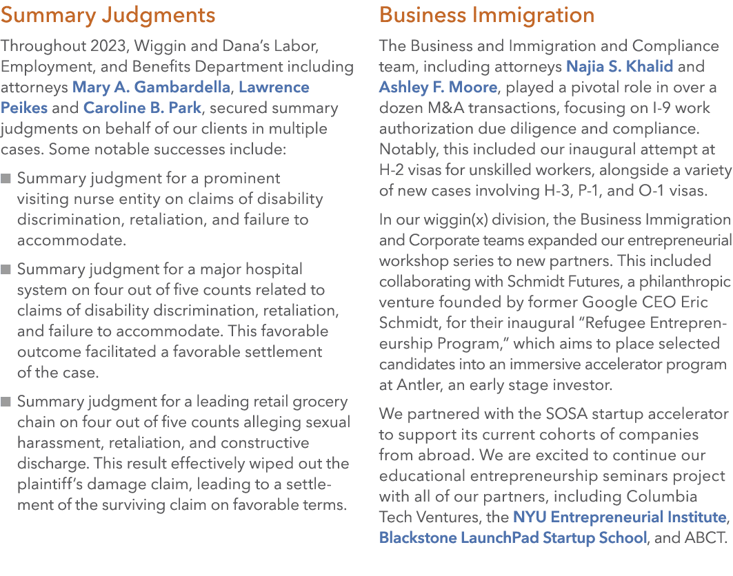 Summary Judgments Throughout 2023, Wiggin and Dana’s Labor, Employment, and Benefits Department including attorneys M...