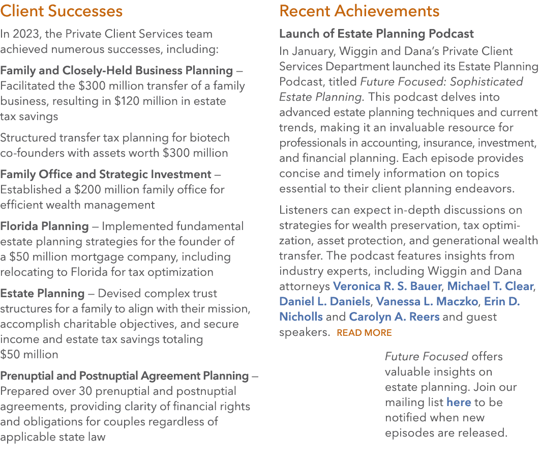 Client Successes In 2023, the Private Client Services team achieved numerous successes, including: Family and Closely...