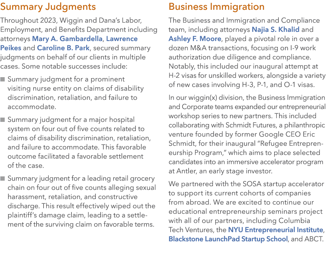 Summary Judgments Throughout 2023, Wiggin and Dana’s Labor, Employment, and Benefits Department including attorneys M...