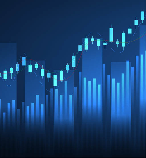 Financial business statistics with bar graph and candlestick chart show stock market price on dark background