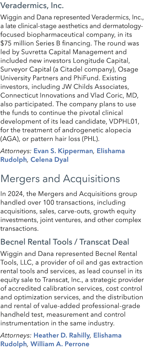 Veradermics, Inc. Wiggin and Dana represented Veradermics, Inc., a late clinical stage aesthetics and dermatology foc...