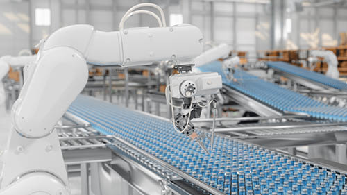 Smart Manufacturing Factory With Robotic Arms Working On Medicine Production On Conveyor Belt