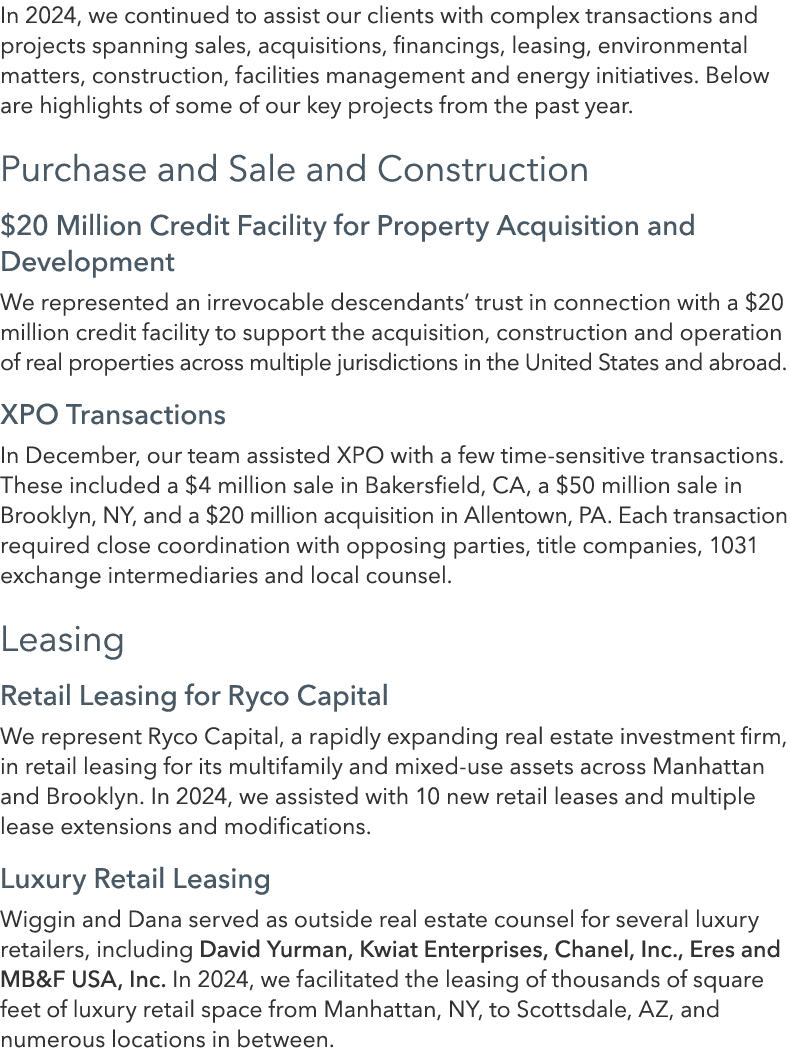 In 2024, we continued to assist our clients with complex transactions and projects spanning sales, acquisitions, fina...