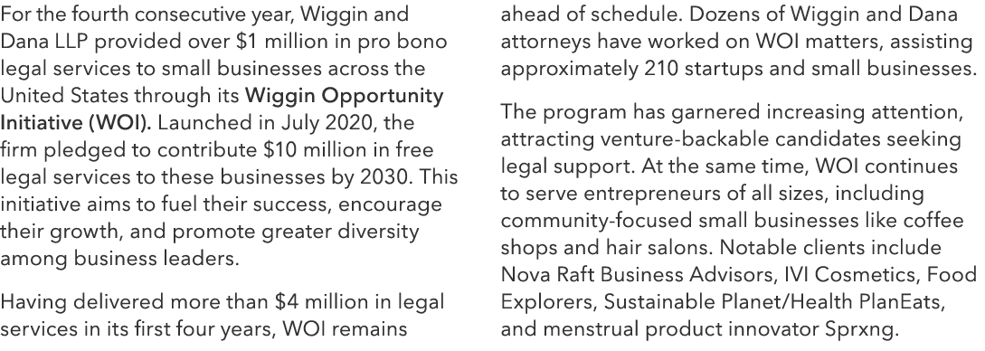 For the fourth consecutive year, Wiggin and Dana LLP provided over $1 million in pro bono legal services to small bus...