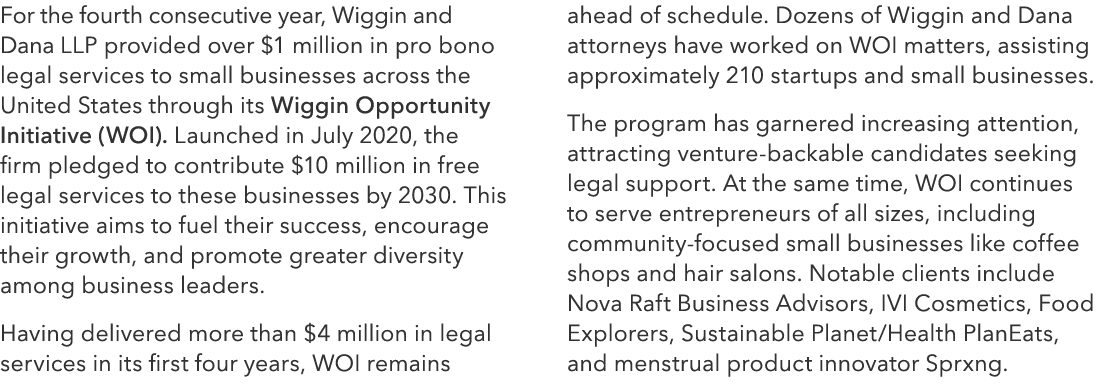 For the fourth consecutive year, Wiggin and Dana LLP provided over $1 million in pro bono legal services to small bus...